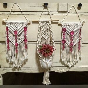 Handcrafted Macrame Wall Hanging with Pink Accents